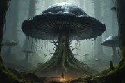 神秘世界中的又大又黑又长的蘑菇头，自然奇观与人类想象的交织