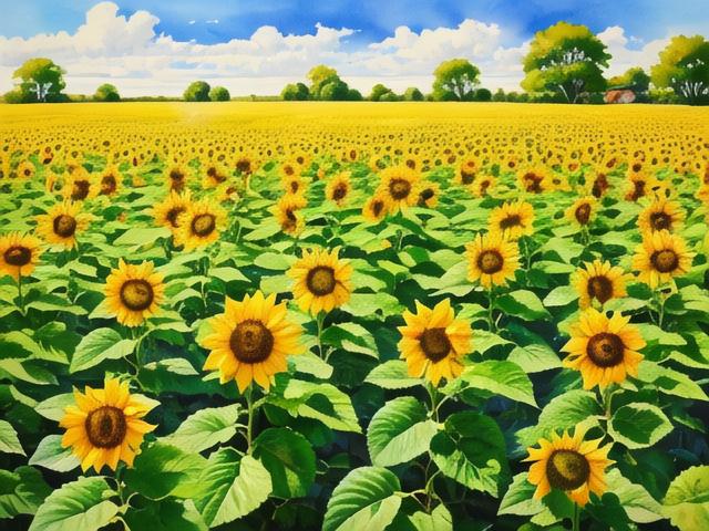-田园画卷，描绘夏日乡村的生机盎然，突出丝瓜藤蔓、草莓田和向日葵花海的和谐景象，为后续冲突埋下伏笔