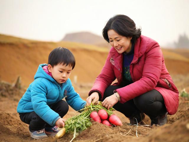 黄土地上的温情，一小孩和妈妈摘萝卜的冬日记忆