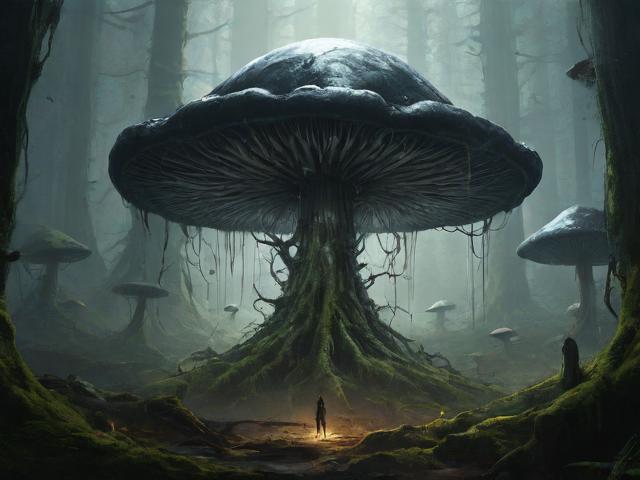 神秘世界中的又大又黑又长的蘑菇头，自然奇观与人类想象的交织