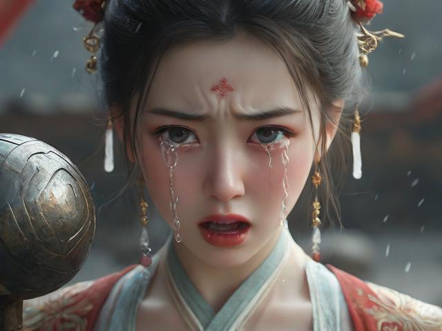 西施流眼泪翻白眼咬铁球，一幅颠覆传统美学的视觉冲击