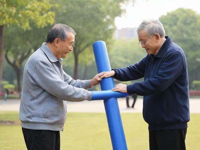-公园晨练，退休工人张建国在社区公园带领一群老年人进行健身活动，使用自制的大号健身器材锻炼身体，展现老年人积极向上的精神风貌